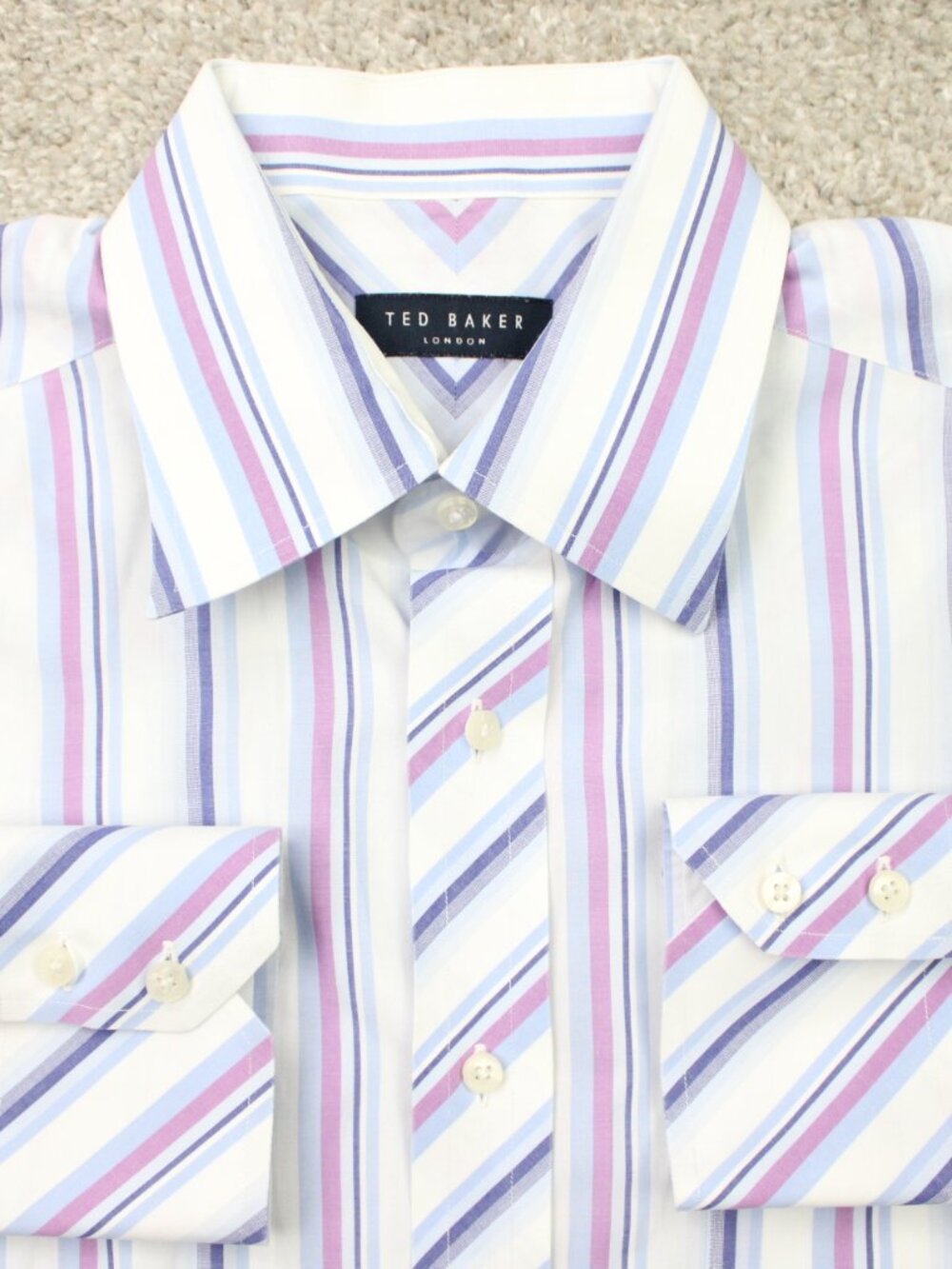 Ted Baker Dress Shirt Mens 16, 32/33 Purple/Blue Striped 100% Cotton Long Sleeve